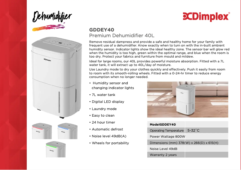 Page 1 de la notice Fiche technique Dimplex GDDEY40
