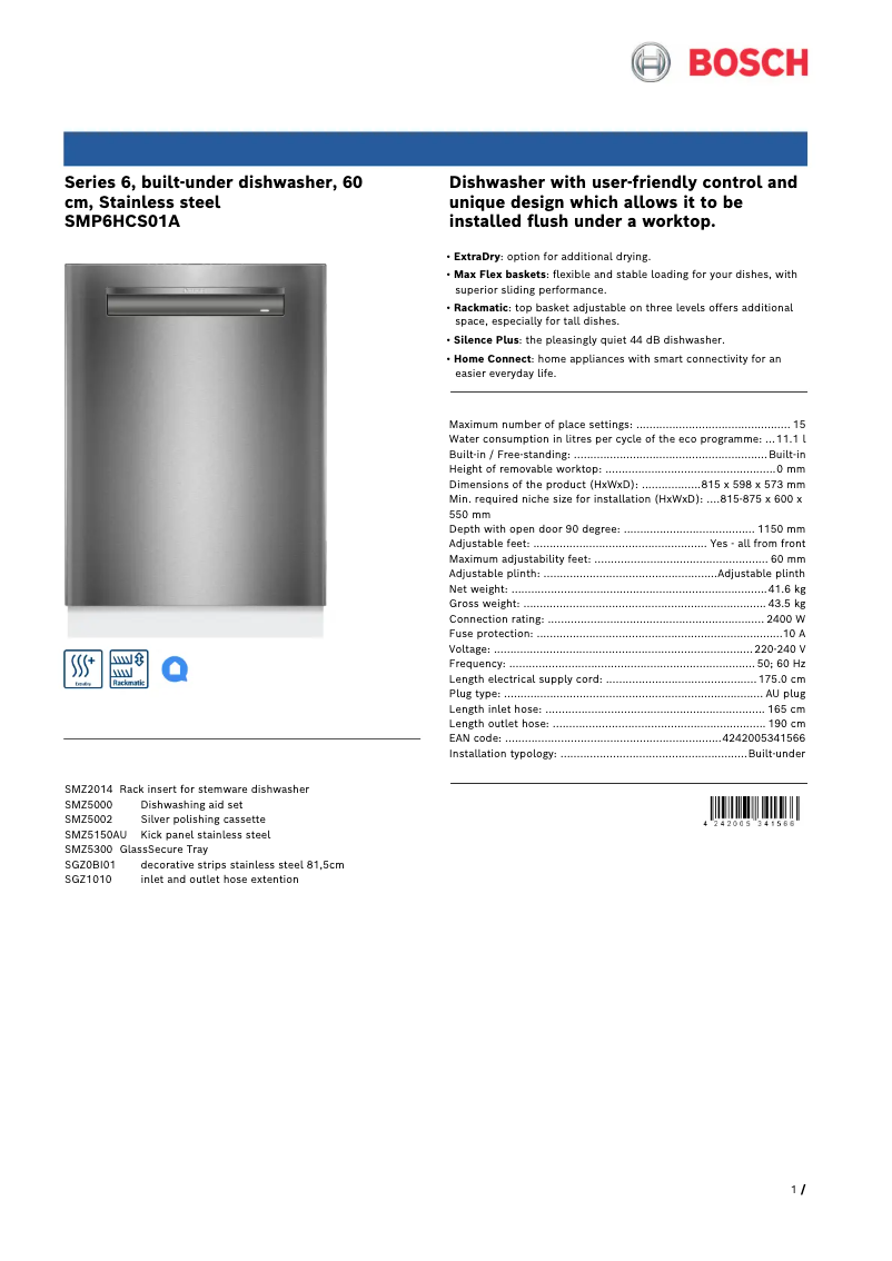 Page 1 de la notice Fiche technique Bosch SMP6HCS01A