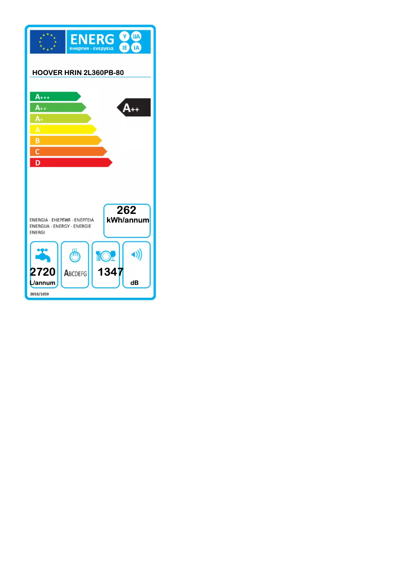 Page 1 de la notice Label énergétique Hoover H-DISH 300 HRIN 2L360PB-80