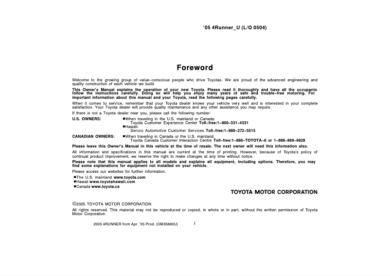 Page 1 de la notice Manuel utilisateur Toyota 4Runner (2005)