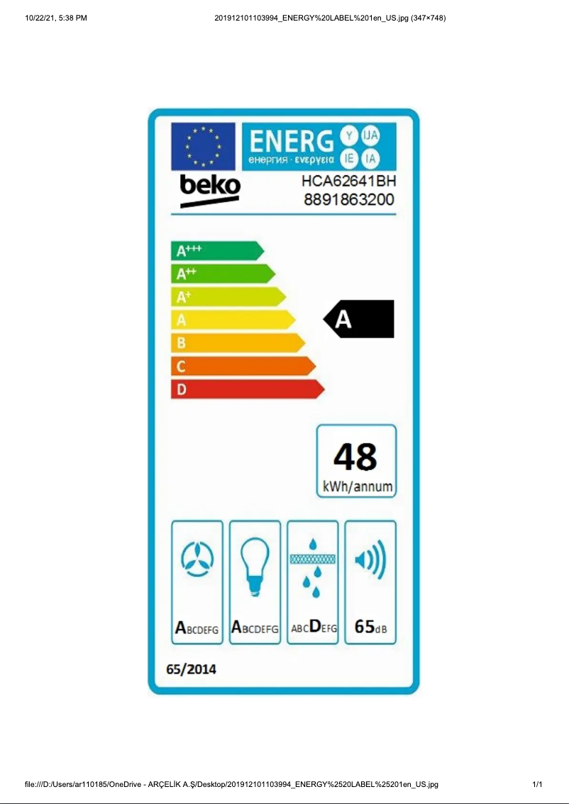 Page 1 de la notice Label énergétique Beko HCA62641BH