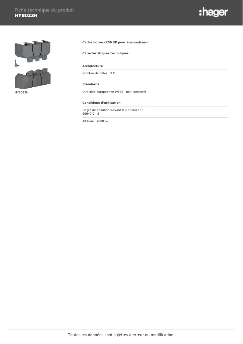 Page 1 de la notice Fiche technique Hager HYB023H