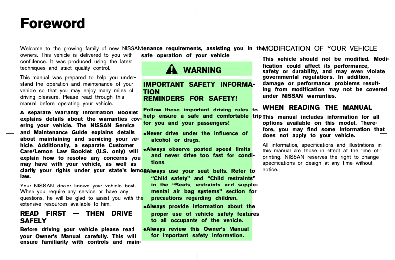 Page 1 de la notice Manuel utilisateur Nissan Murano (2003)