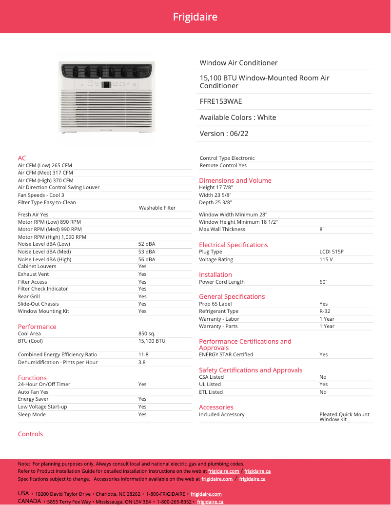 Page 1 de la notice Fiche technique Frigidaire FFRE153WA1