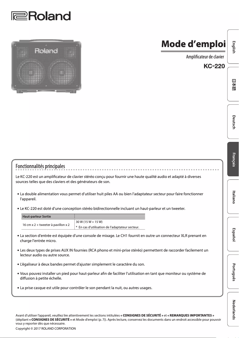 Page 1 de la notice Manuel utilisateur Roland KC-220