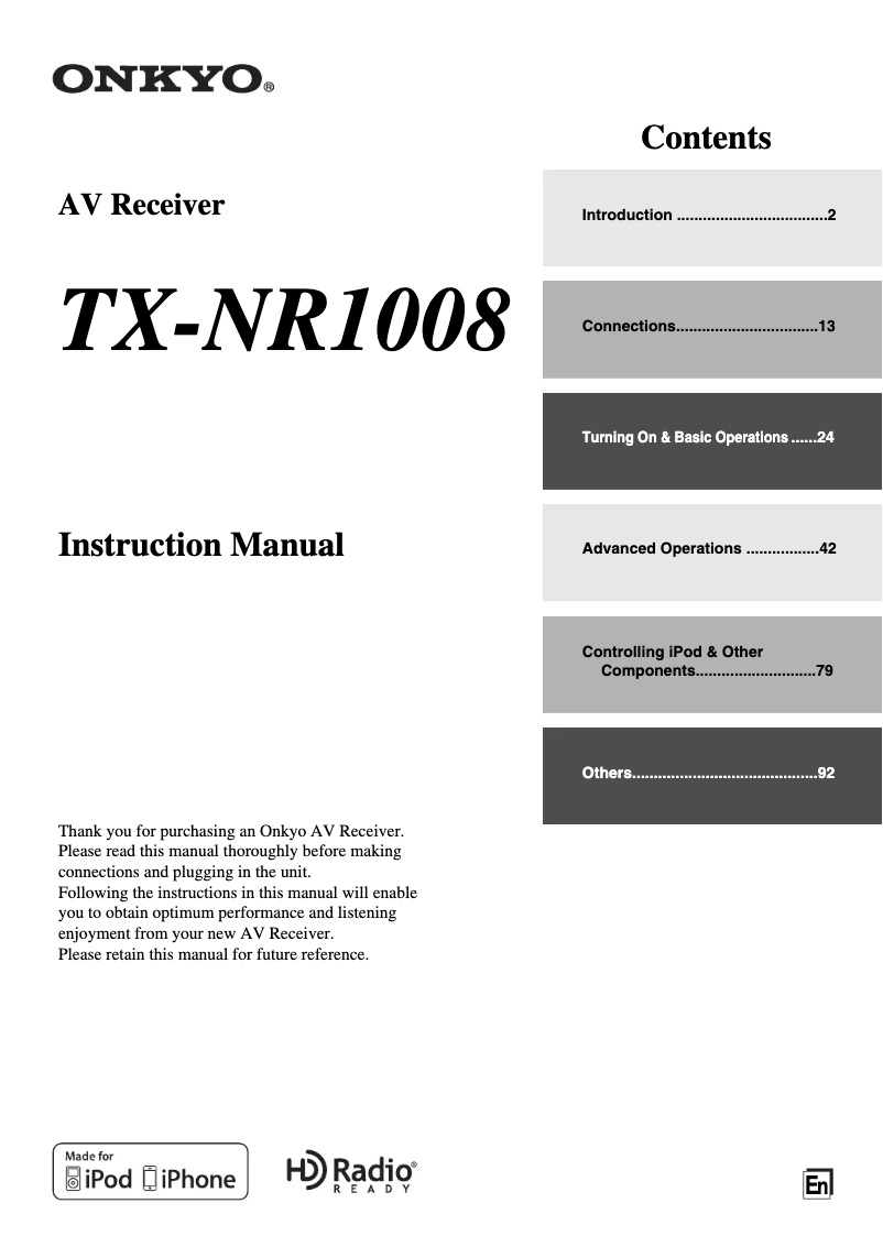 Page 1 de la notice Manuel utilisateur Onkyo TX-NR1008 S