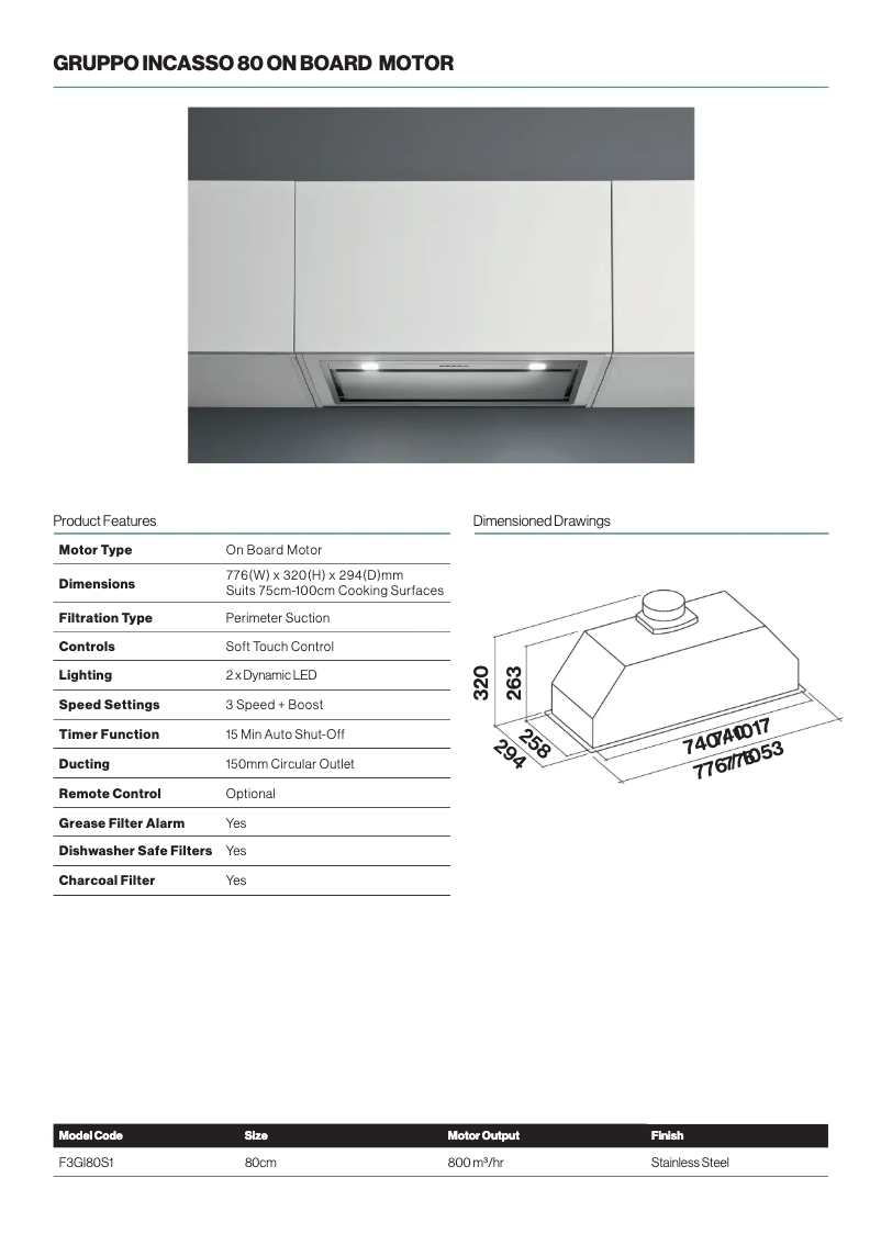 Página 1 del manual Ficha técnica Falmec F3GI80S1