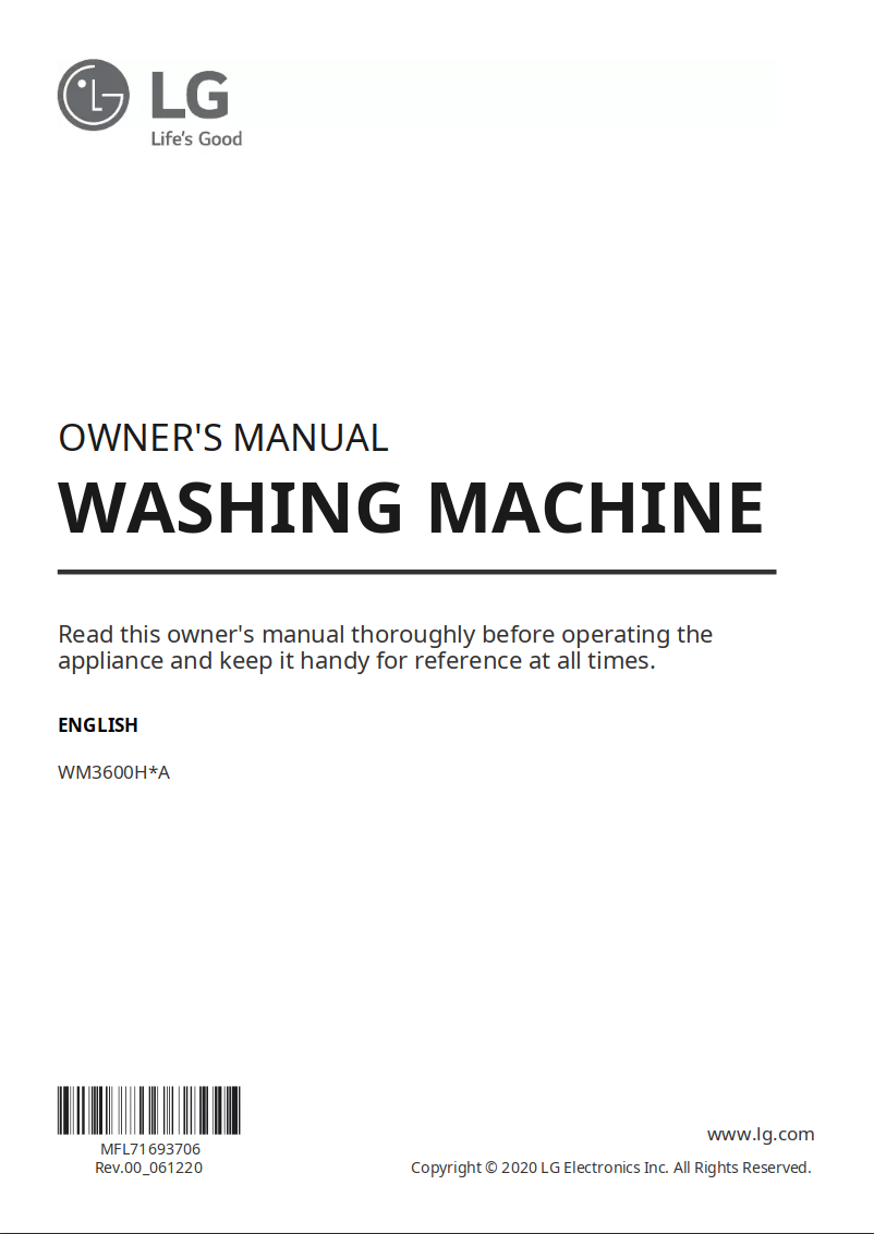 Page 1 de la notice Manuel utilisateur LG WM3600HWA