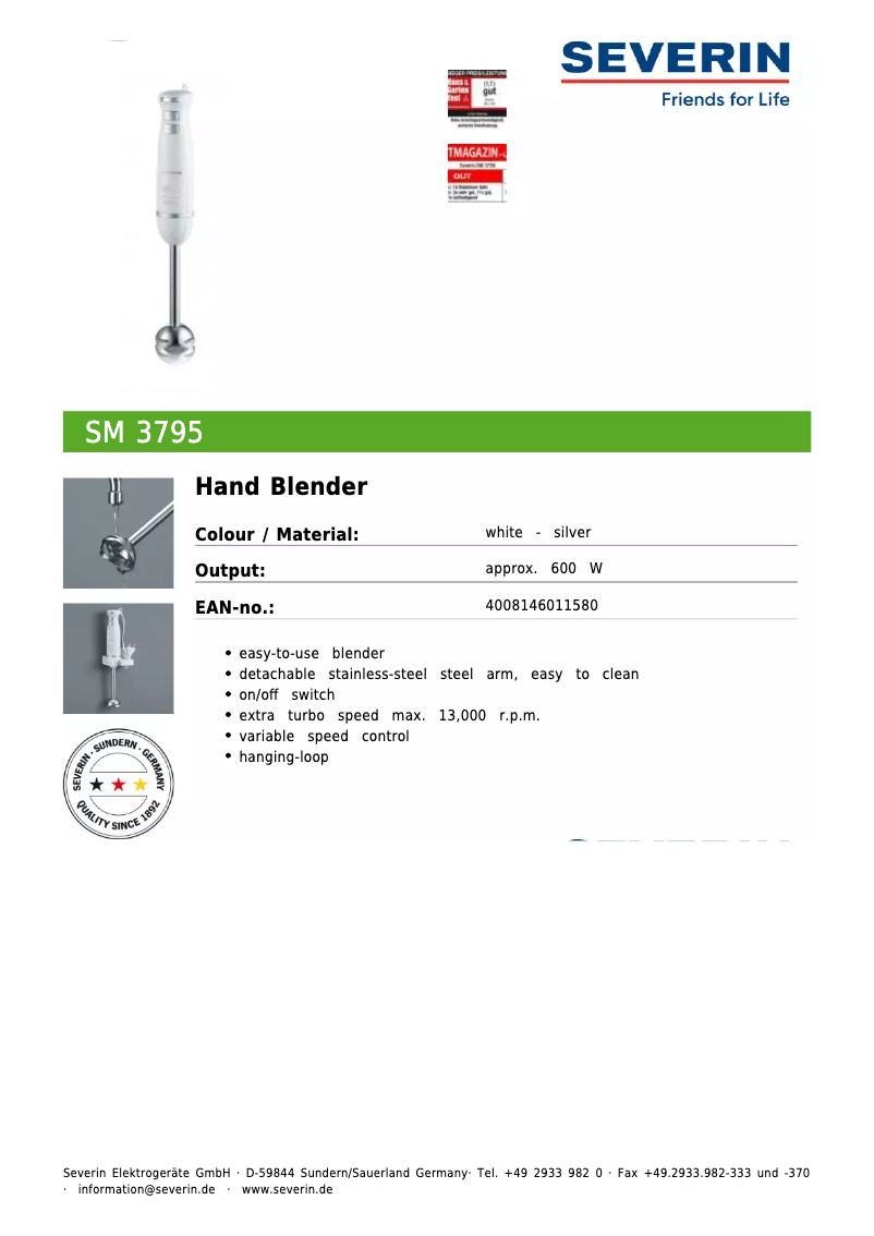 Page 1 de la notice Fiche technique Severin SM 3795