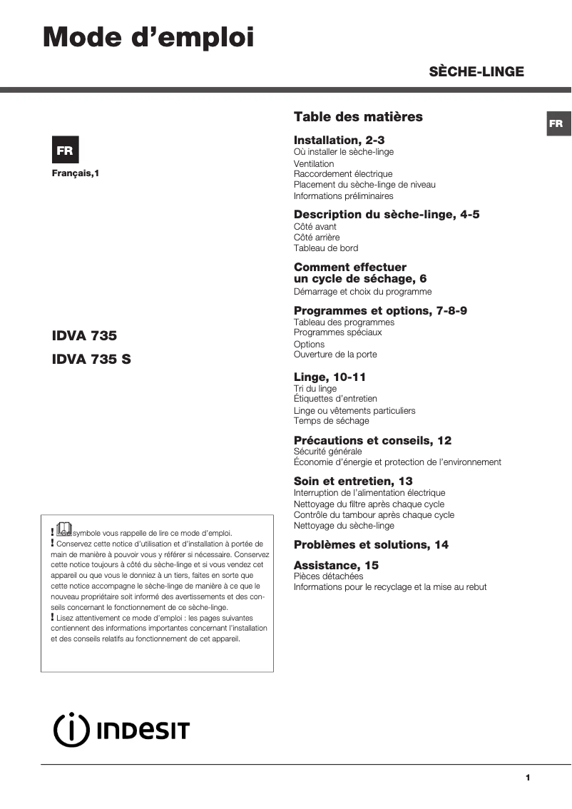 Page n°1 - Manuel utilisateur Indesit IDVA 735 (FR)