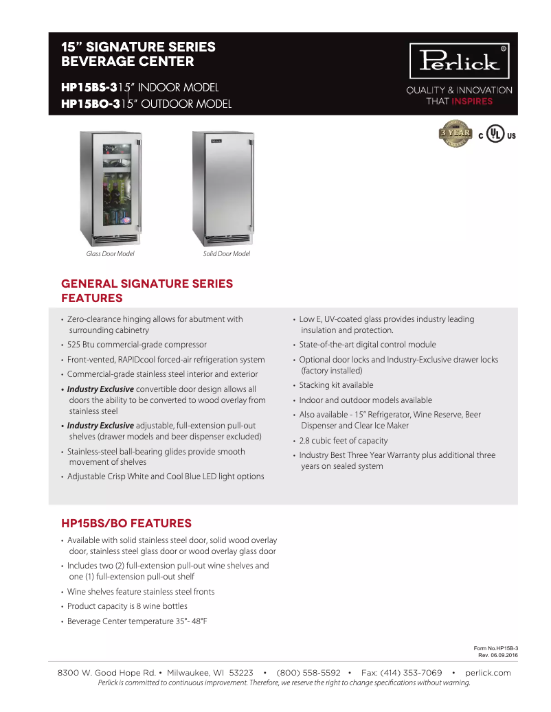 Page 1 de la notice Fiche technique Perlick Signature Series HP15BO-3-1L