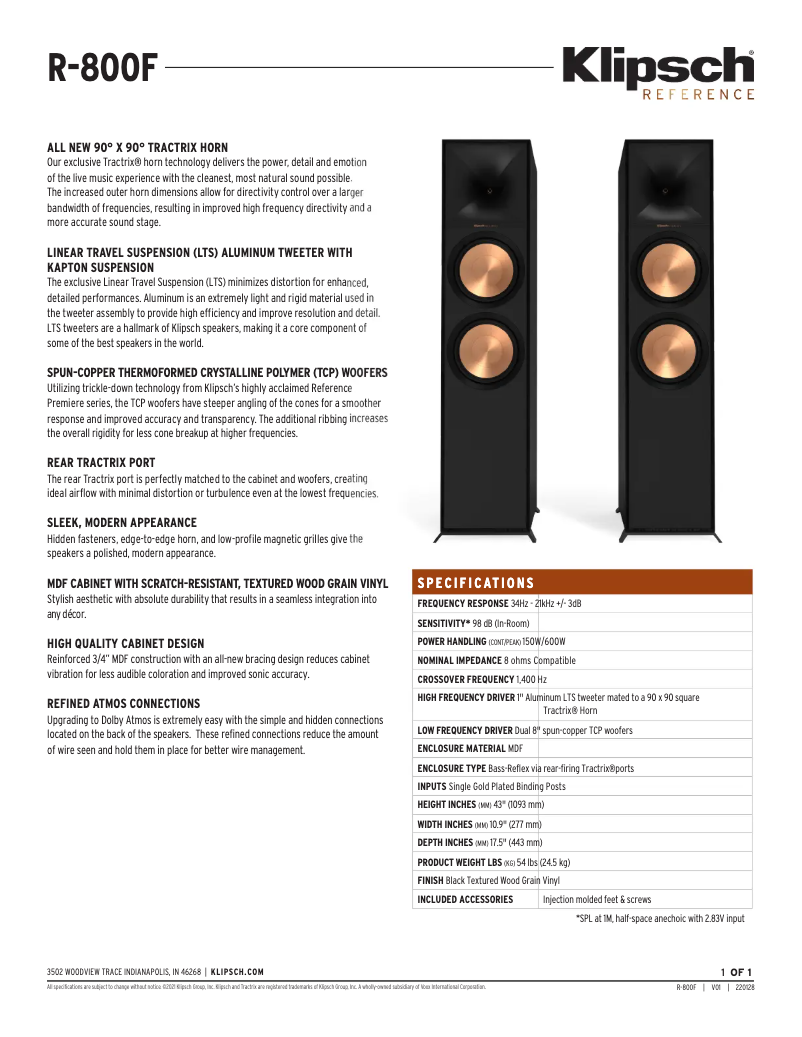 Page 1 de la notice Fiche technique Klipsch R-800F