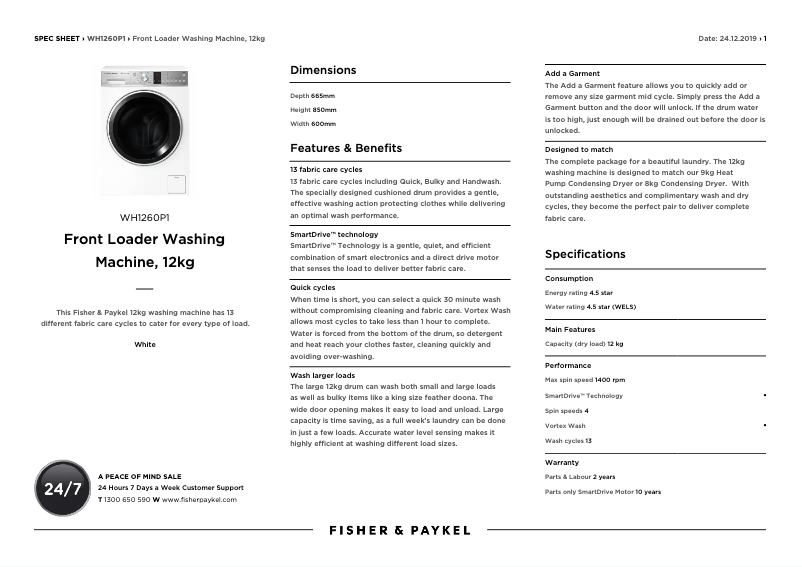 Page 1 of the manual Technical Sheet Fisher & Paykel WH1260P1