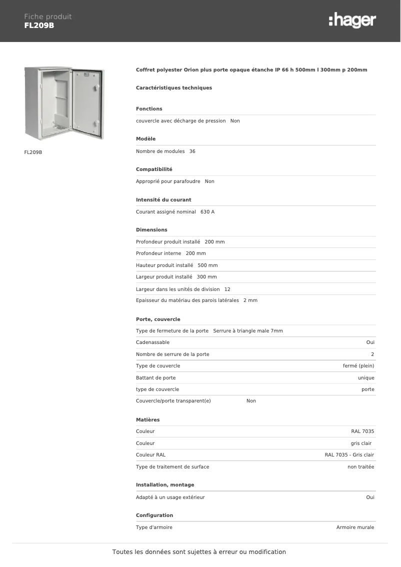 Page 1 of the manual User Manual Hager FL209B