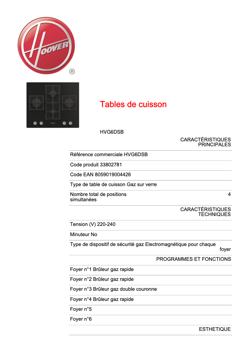 Page 1 de la notice Fiche technique Hoover H-HOB 500 HVG6DSB