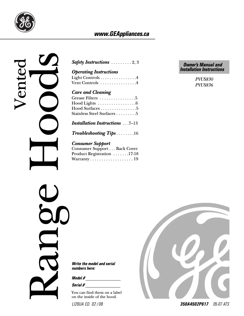 Page n°1 - Manuel utilisateur GE PVUS836MSS