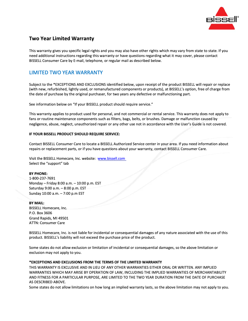 Page 1 de la notice Informations de garantie Bissell air400