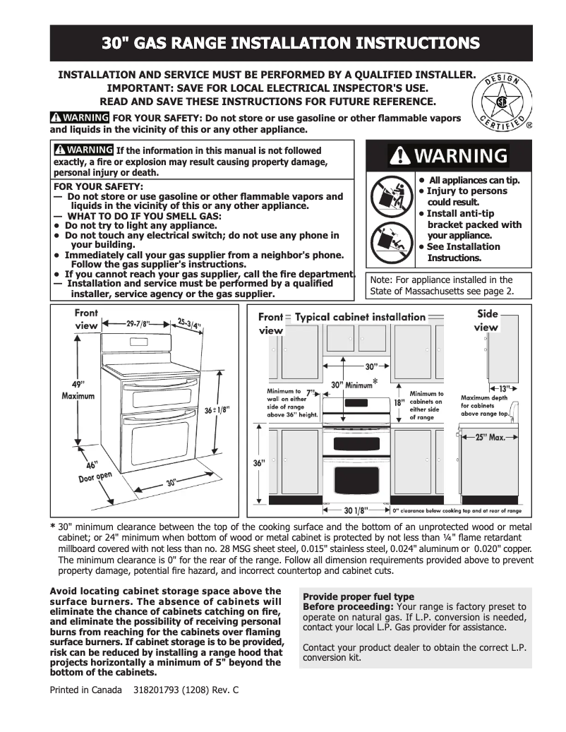 Page 1 de la notice Guide d'installation Frigidaire FGGF304DLB