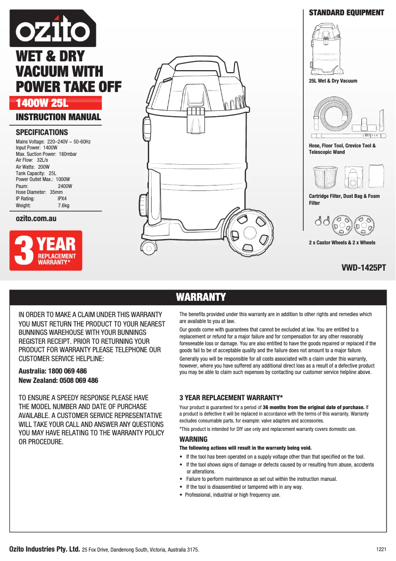 Page 1 de la notice Manuel utilisateur Ozito VWD-1425PT