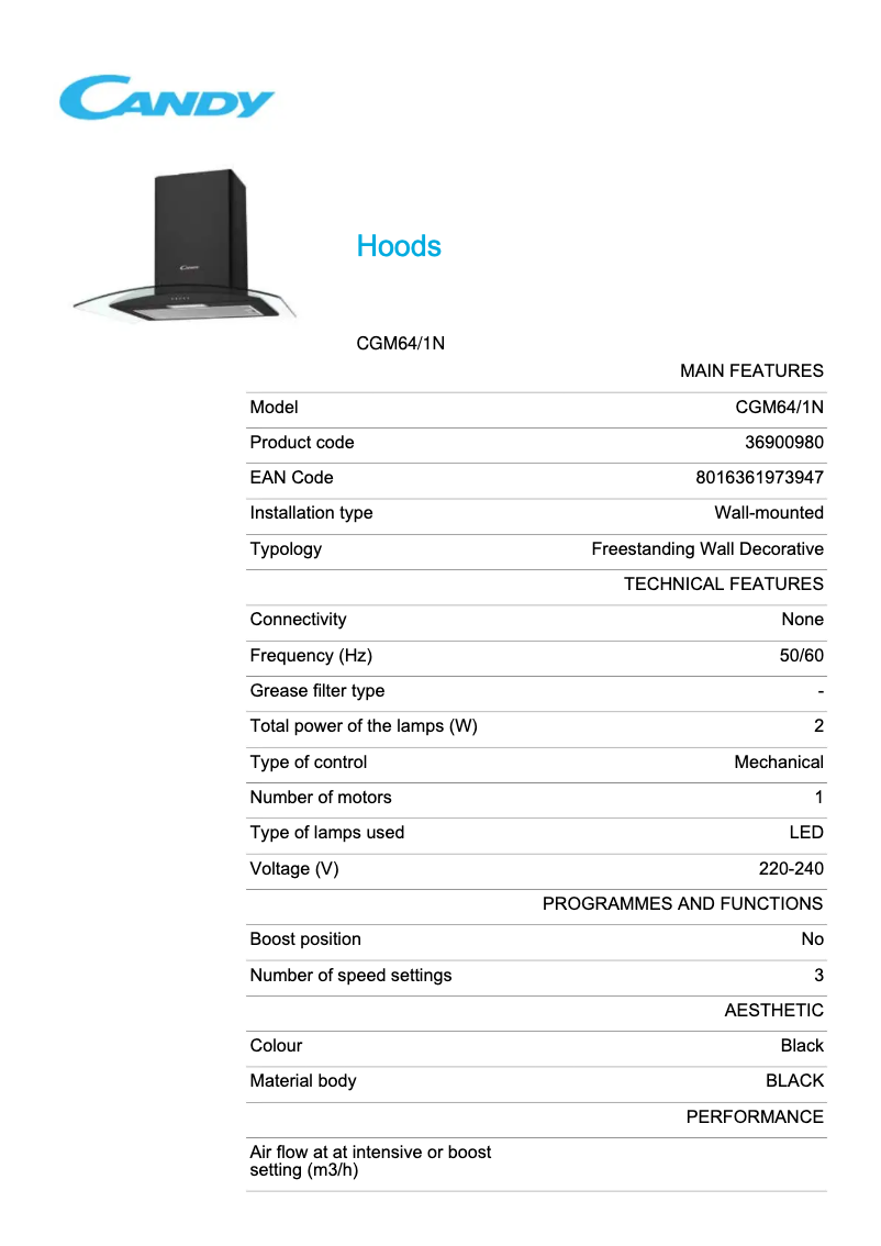 Page 1 de la notice Fiche technique Candy CGM64/1N