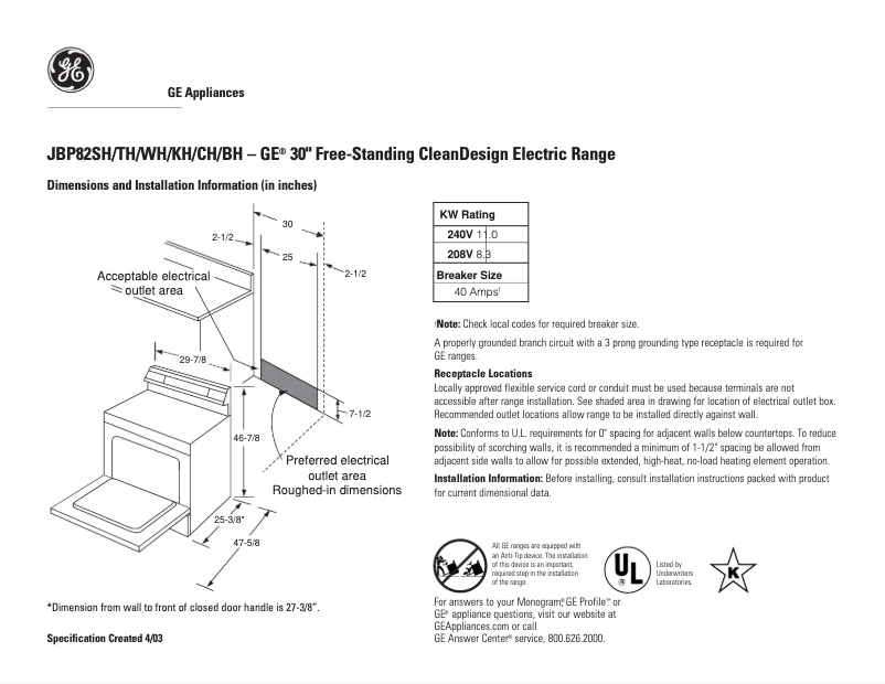 Page n°1 - Fiche technique GE JBP82WHWW
