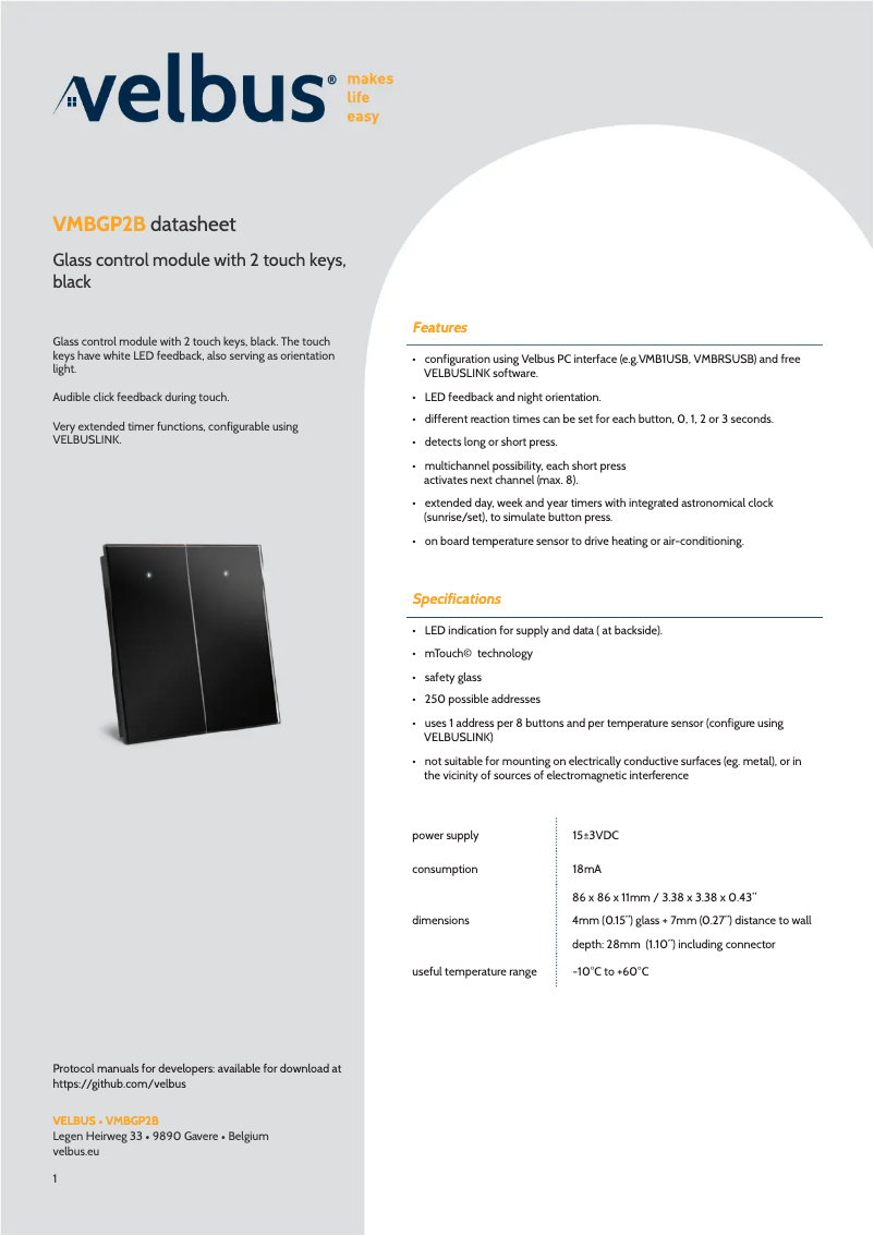 Page 1 de la notice Fiche technique Velbus VMBGP2B