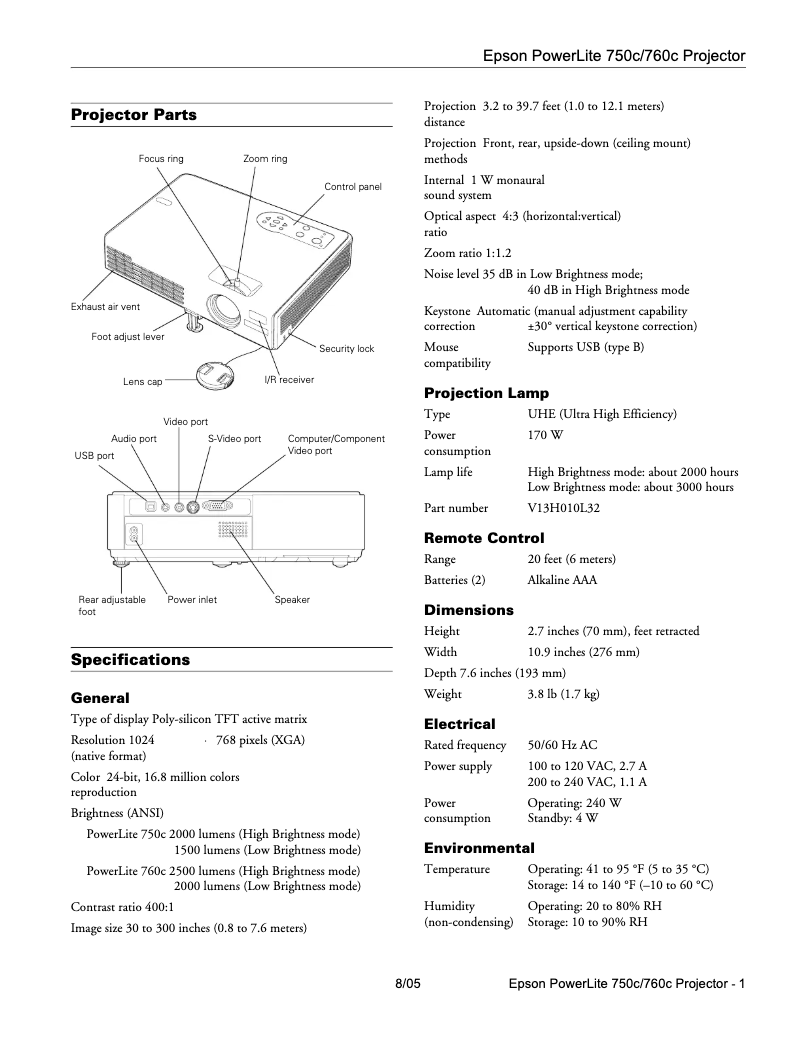 Página 1 del manual Ficha técnica Epson PowerLite 750c
