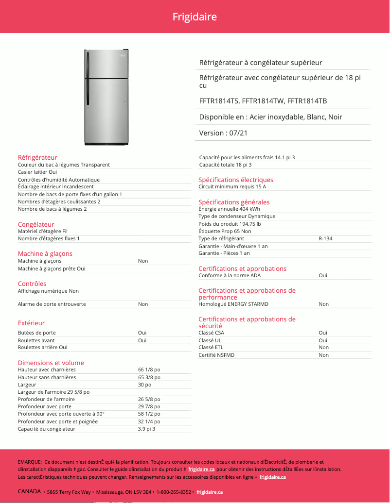 Page 1 de la notice Fiche technique Frigidaire FFTR1814TW