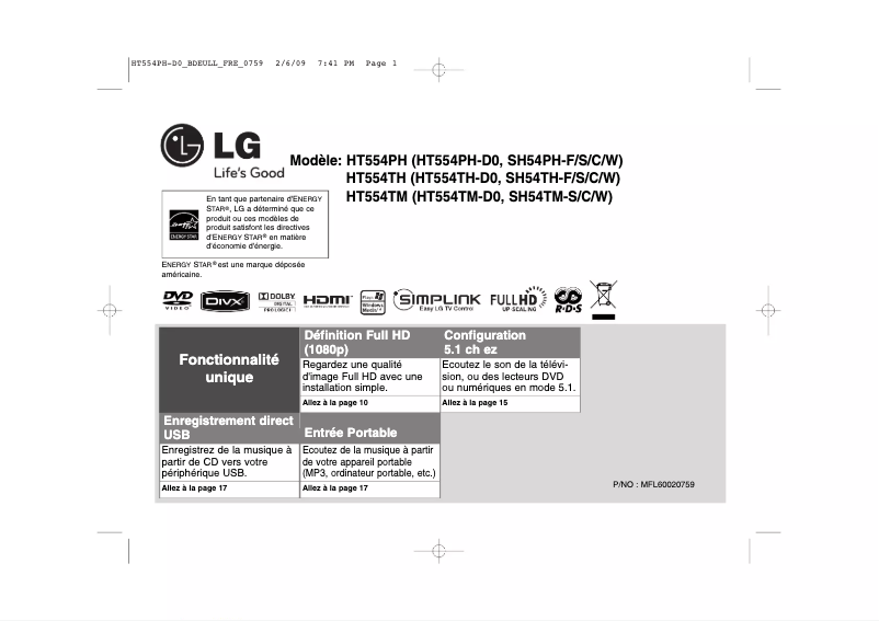 Page 1 de la notice Manuel utilisateur LG HT554TM