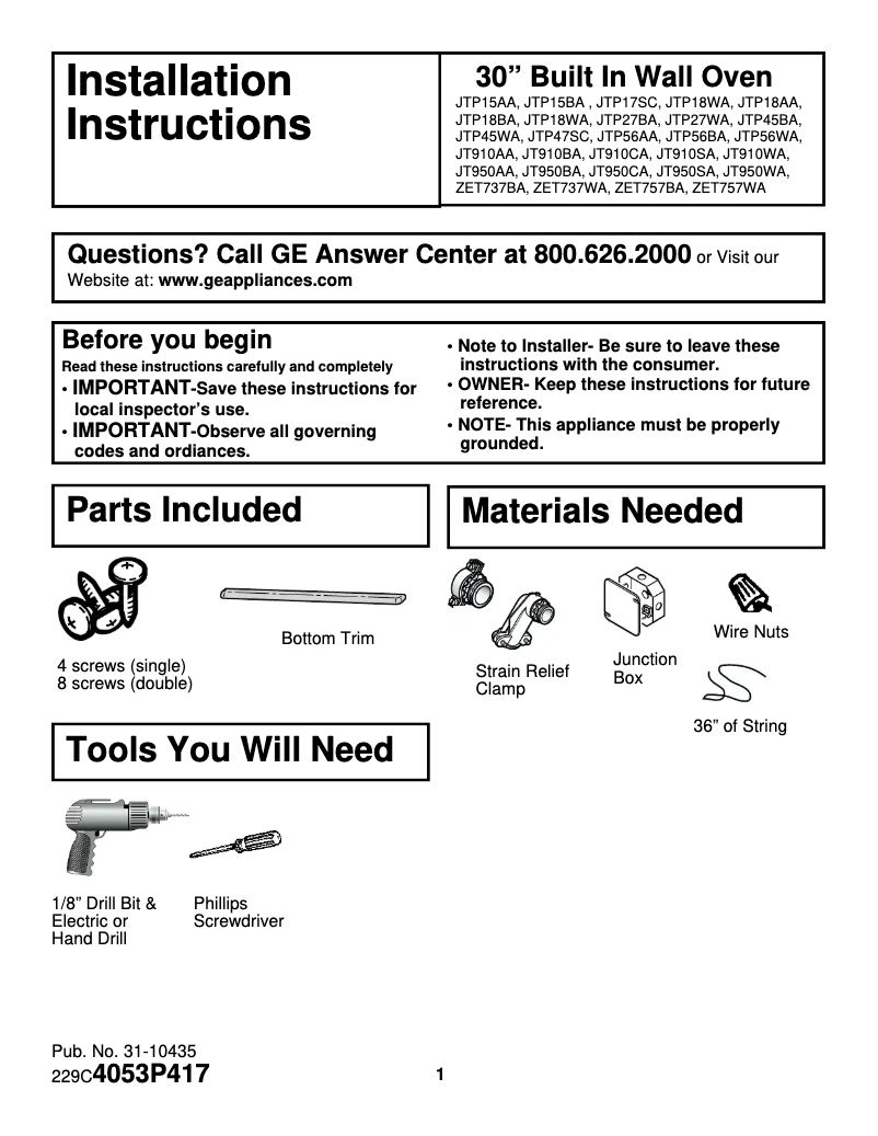 Page n°1 - Guide d'installation GE Profile JTP18BDBB