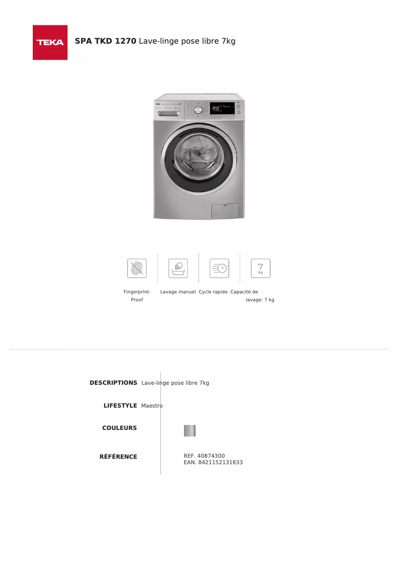 Page 1 de la notice Fiche technique Teka SPA TKD 1270