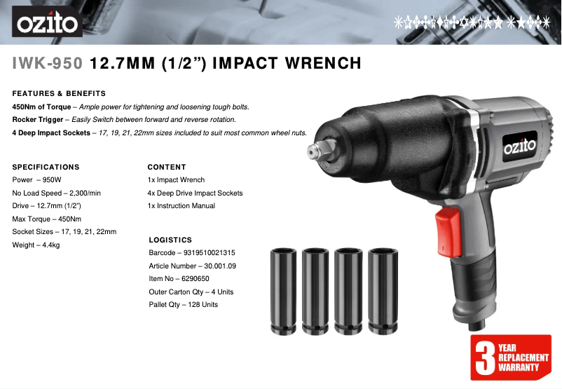 Page 1 de la notice Fiche technique Ozito IWK-950