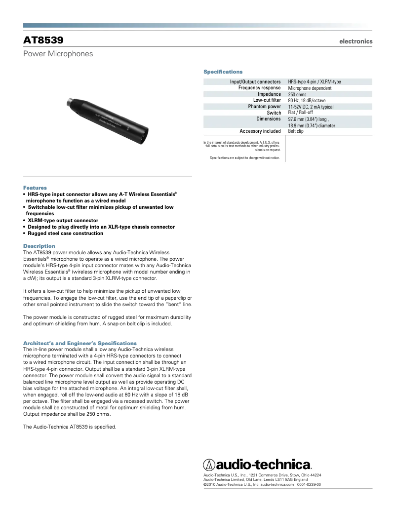 Page 1 of the manual User Manual Audio-Technica AT8539