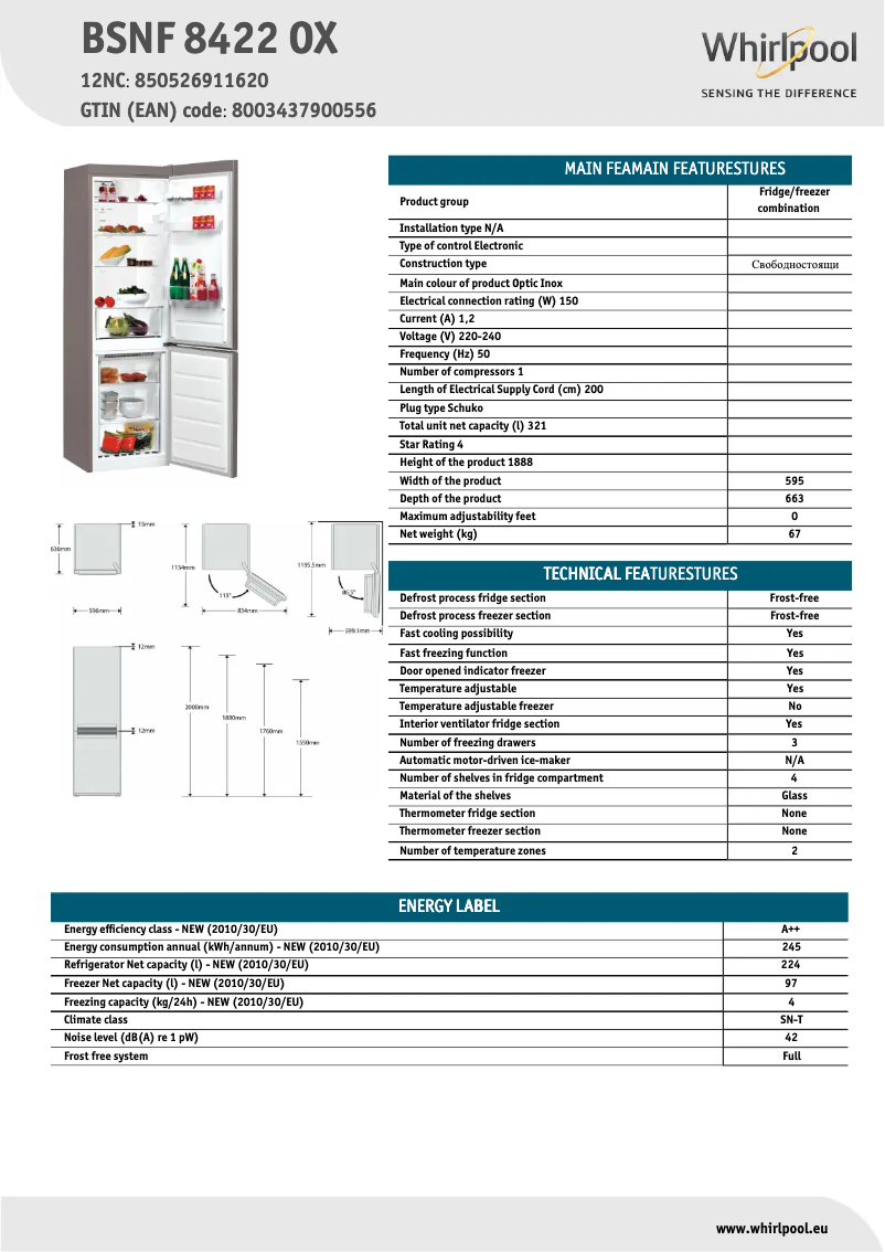 Page 1 de la notice Fiche technique Whirlpool BSNF 8422 OX