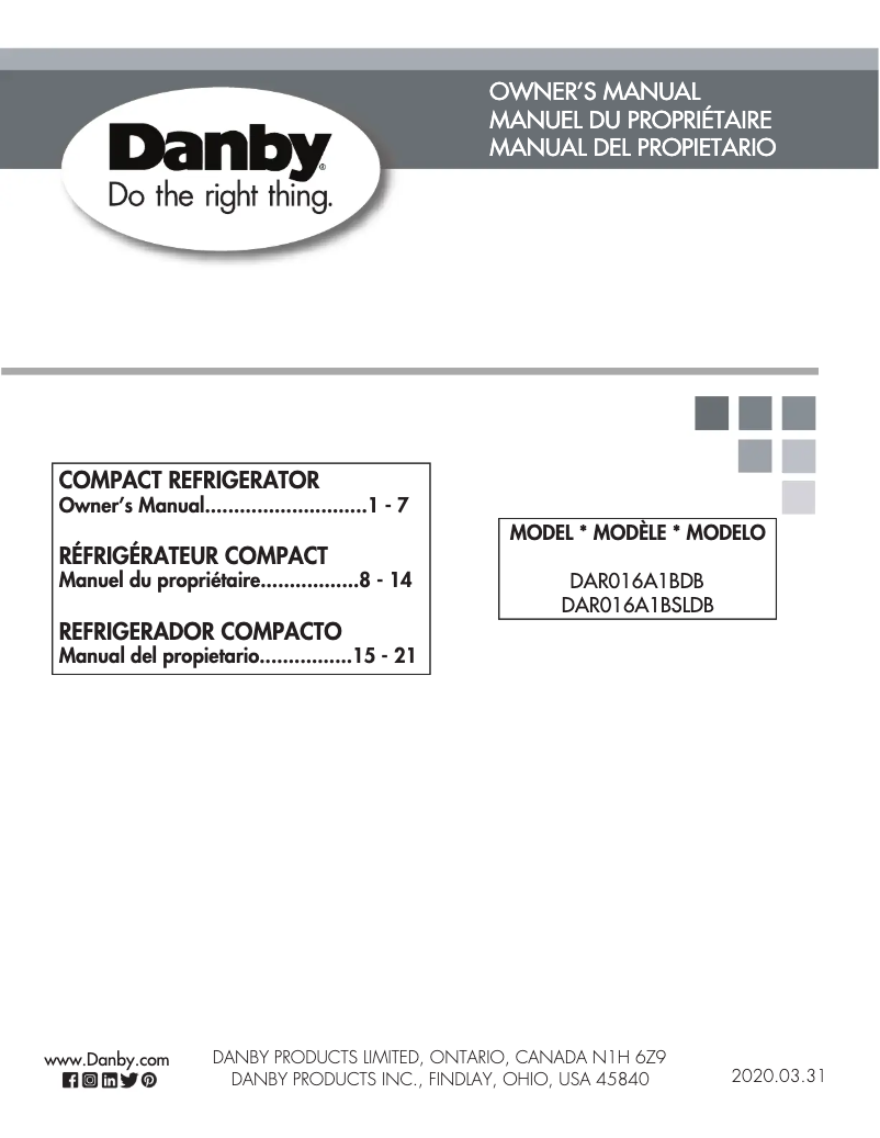 Page 1 de la notice Manuel utilisateur Danby DAR016A1BDB