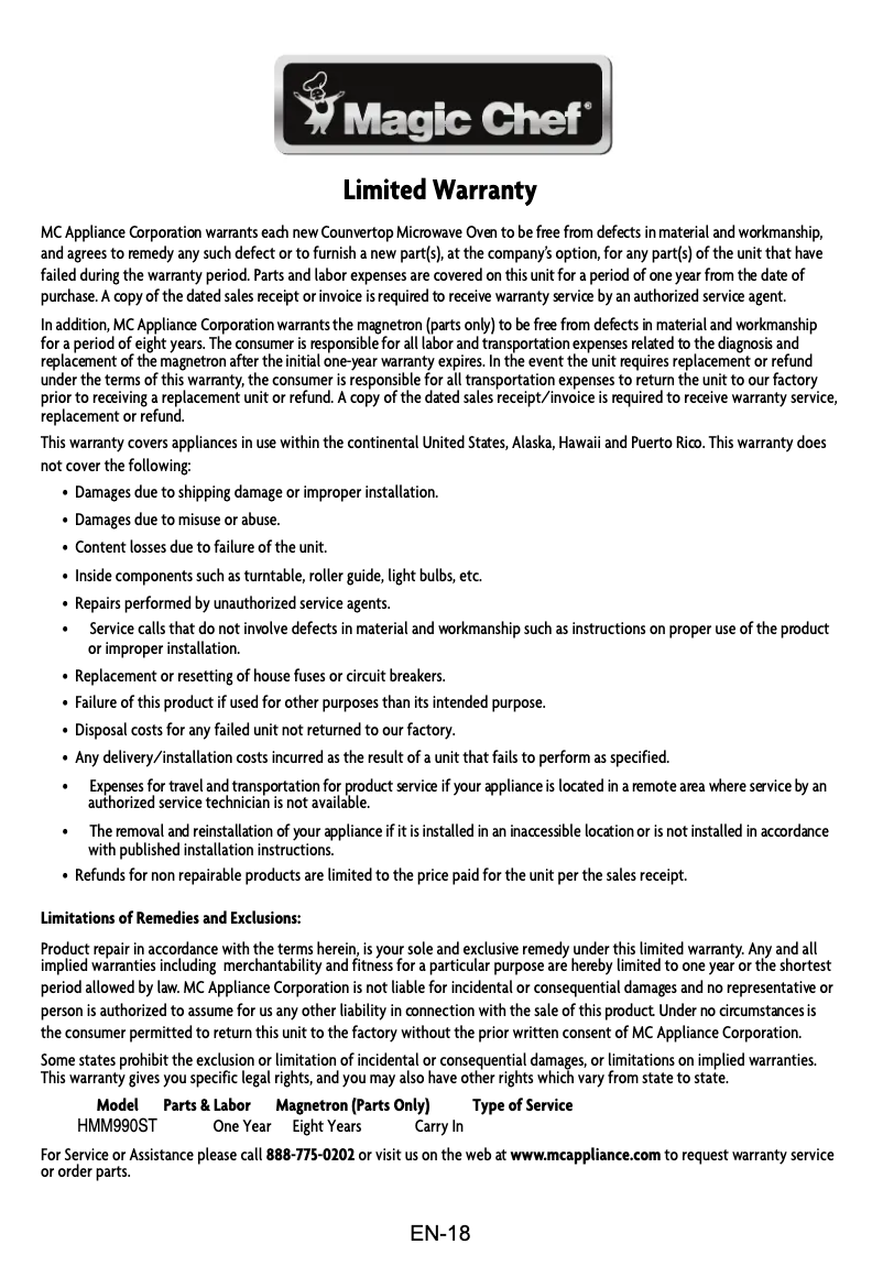 Página 1 del manual Información de garantía Magic Chef HMM990ST