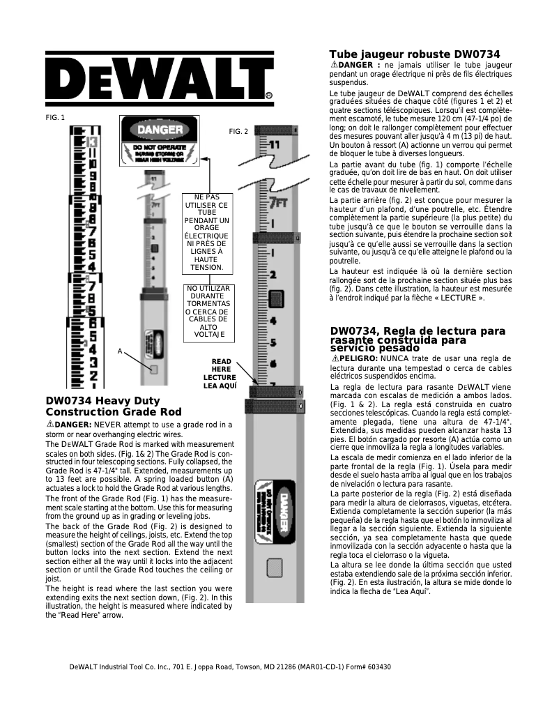 Page 1 de la notice Manuel utilisateur DeWalt DW0734