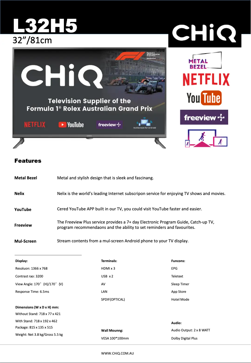Página 1 del manual Ficha técnica CHiQ L32H5