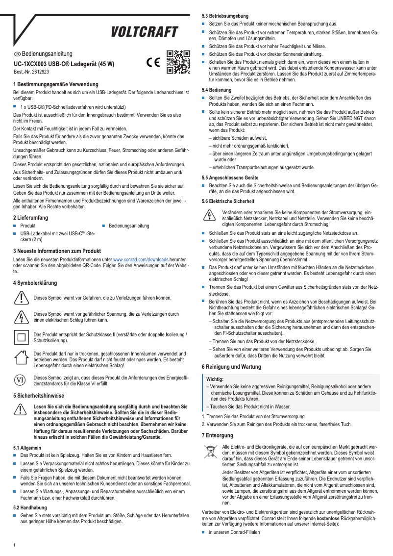 Page 1 de la notice Manuel utilisateur Voltcraft UC-1XCX003