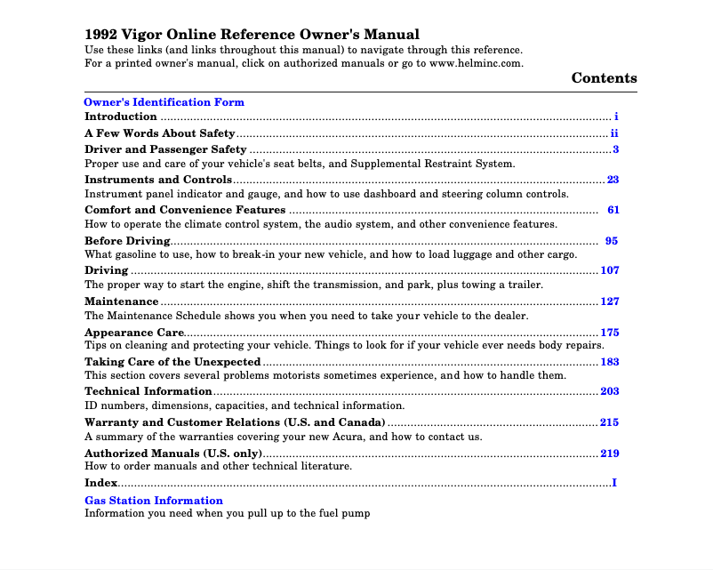 Page 1 of the manual User Manual Acura Vigor (1992)