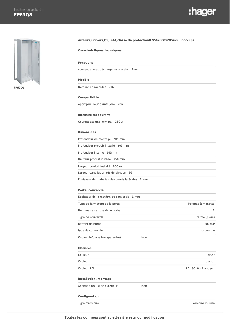Page 1 de la notice Manuel utilisateur Hager FP63QS
