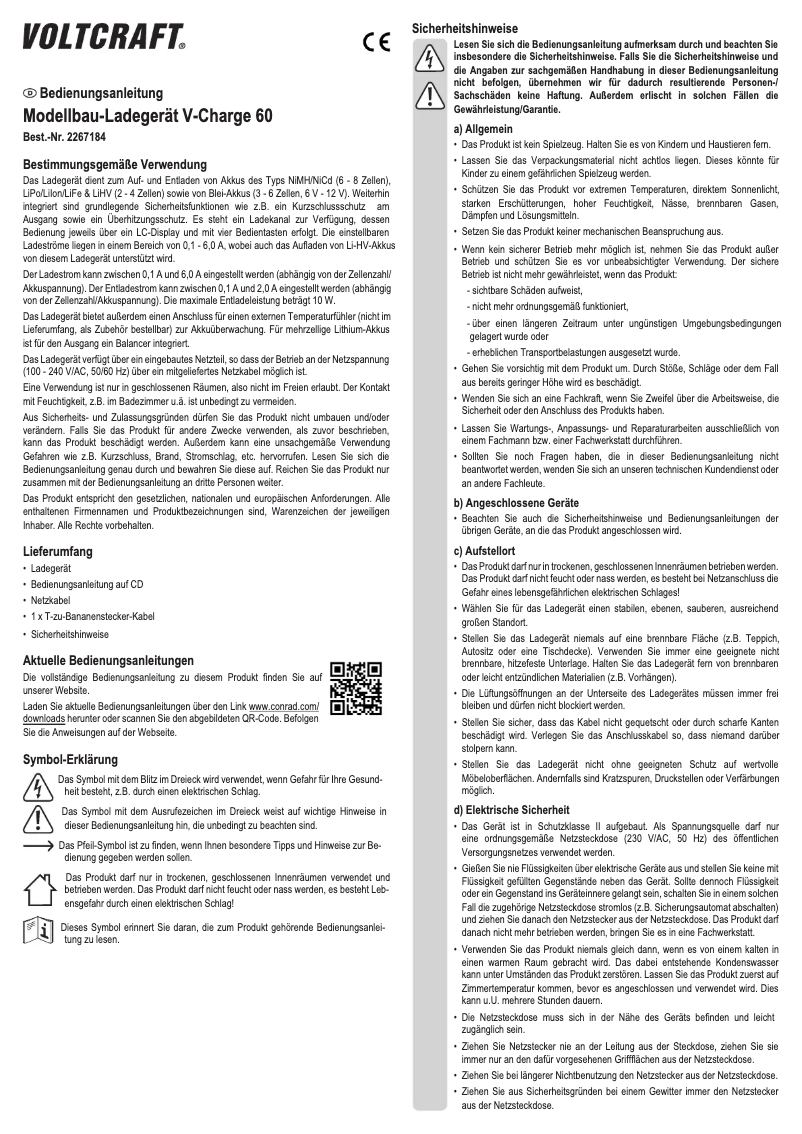 Page 1 de la notice Manuel utilisateur Voltcraft V-Charge 60