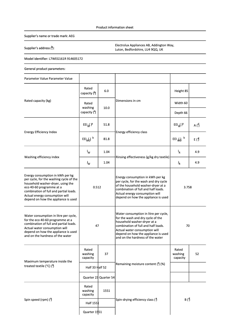 Page 1 de la notice Fiche technique AEG L7WEG161R