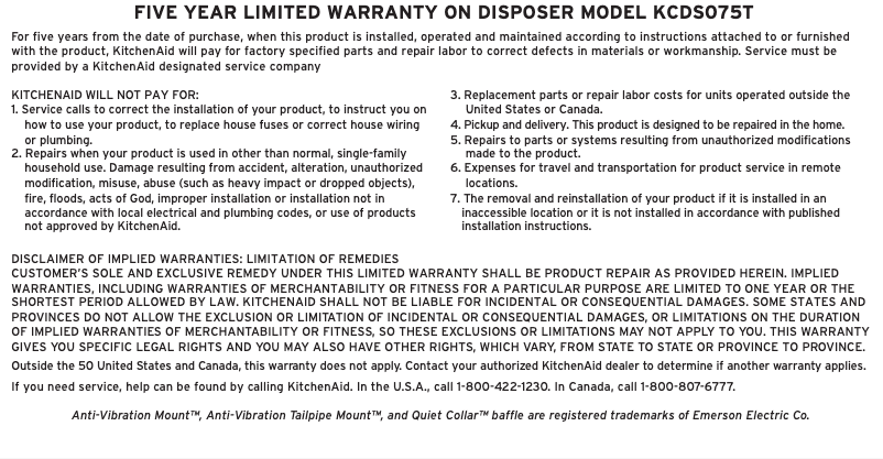 Page 1 de la notice Informations de garantie KitchenAid KCDS075T
