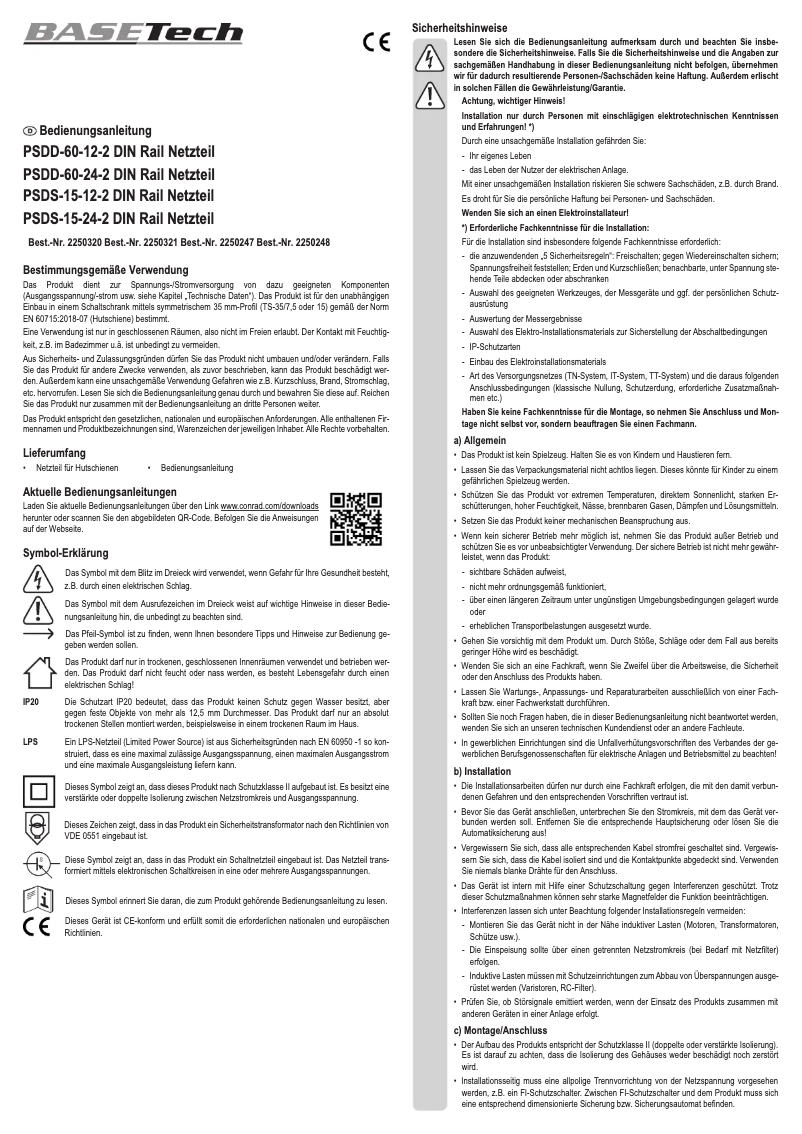 Page 1 de la notice Manuel utilisateur BaseTech PSDS-15-12-2