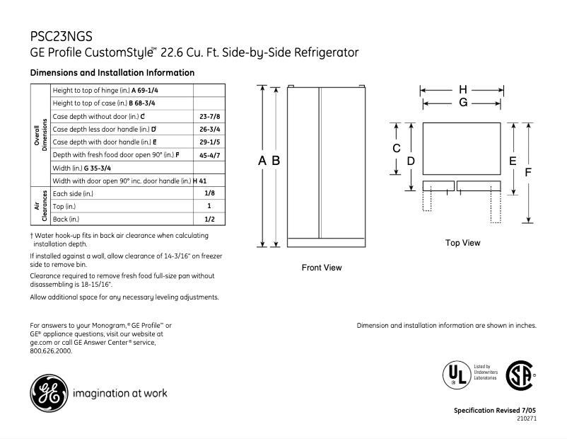 Page n°1 - Fiche technique GE Profile CustomStyle PSC23NGSBB