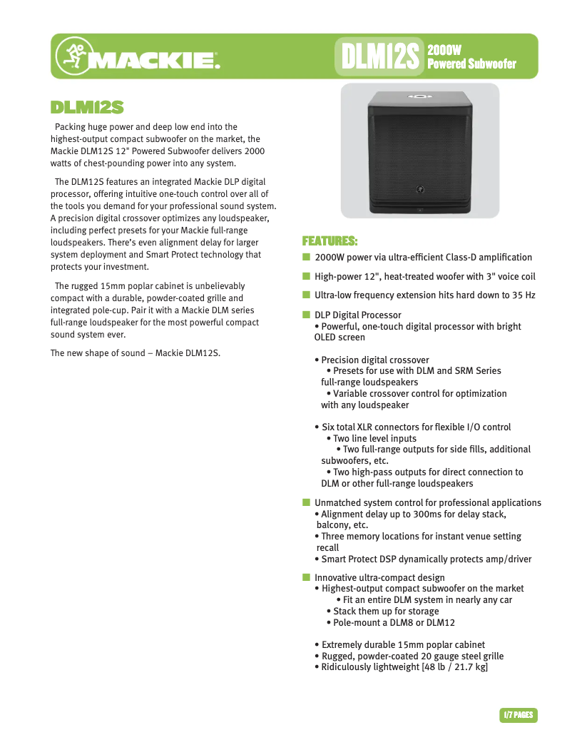 Page 1 de la notice Fiche technique Mackie DLM12S