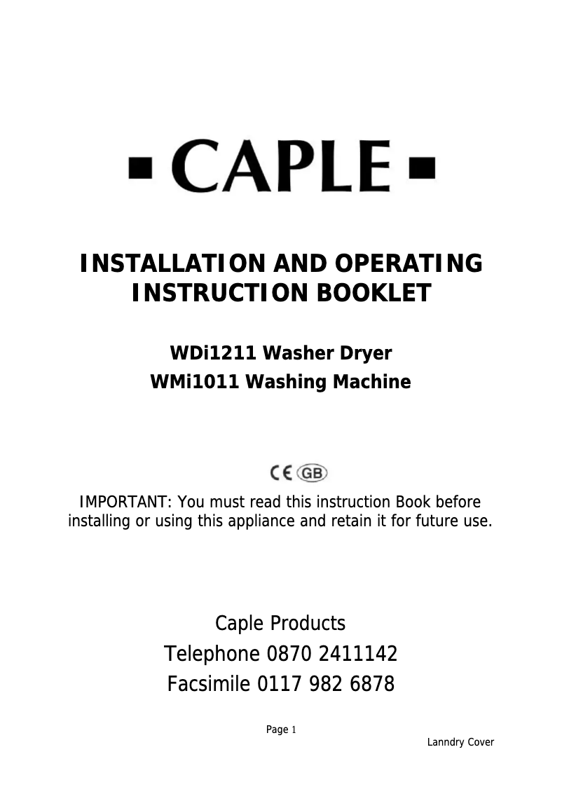 Page 1 de la notice Manuel utilisateur Caple WMi1011