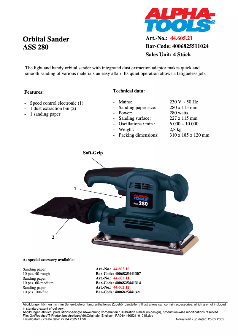 Page 1 de la notice Fiche technique Alpha Tools ASS 280