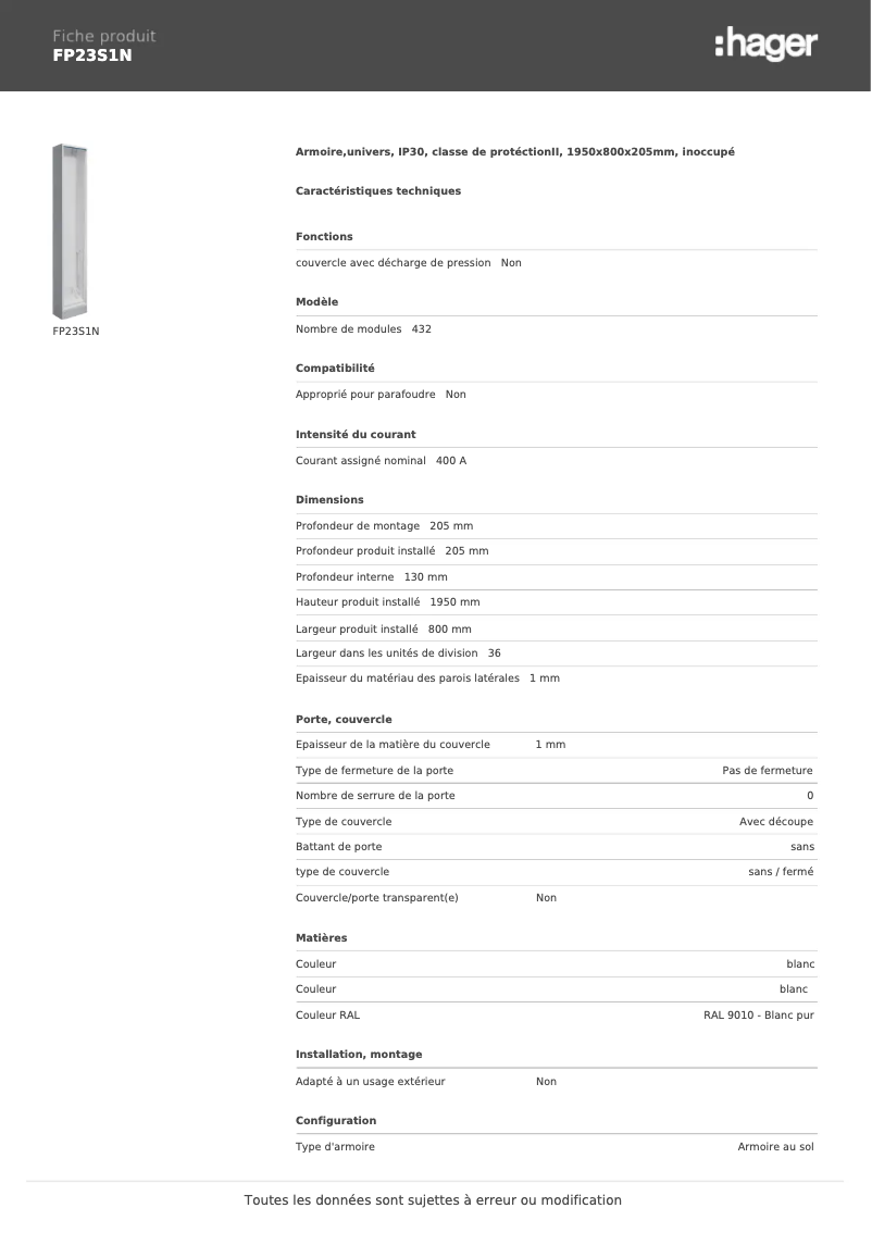Page 1 de la notice Fiche technique Hager FP23S1N